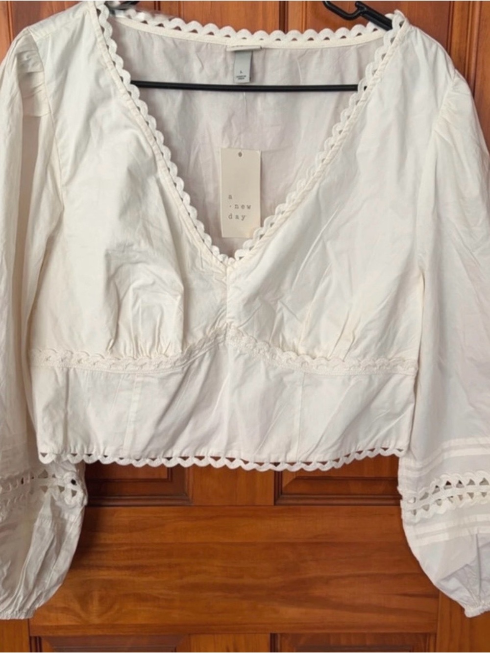a new day White V-Neck Cotton Blouse with Lace Trim